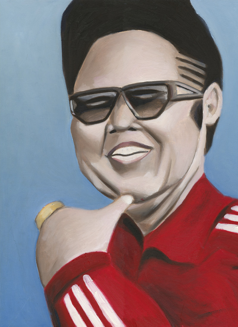 Painting of Elvis Presley in a red jacket with white stripes on the sleeves, wearing dark sunglasses and smiling against a blue background.