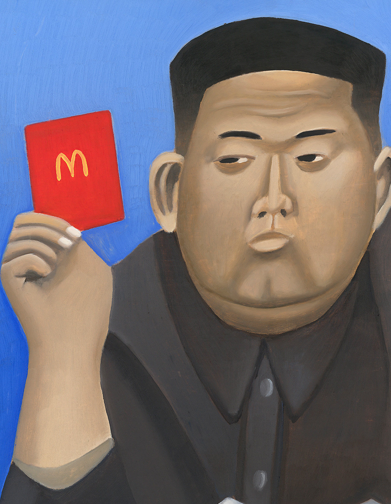 Caricature of a man in a dark suit holding up a red card with McDonald's golden arches against a blue background