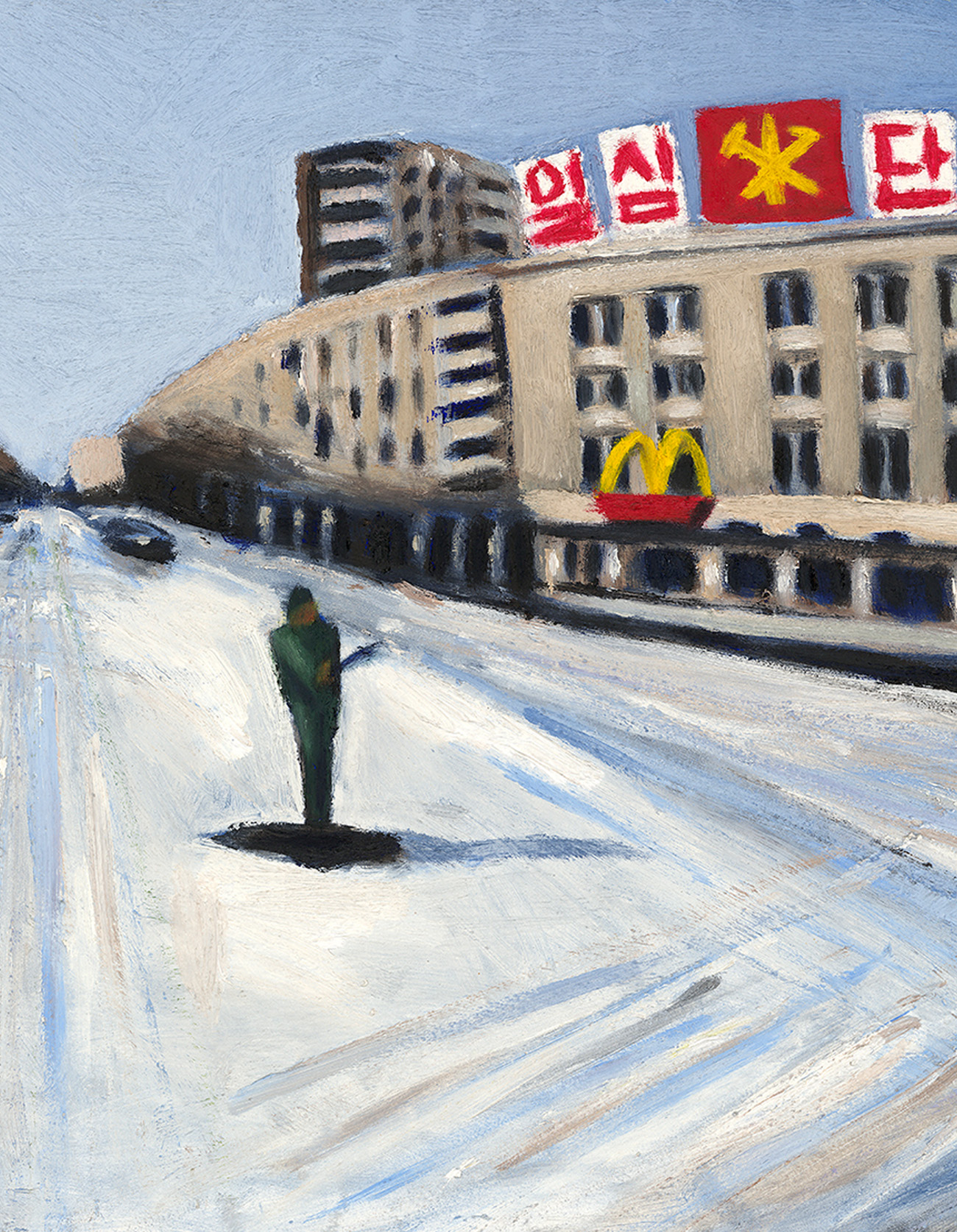 Snowy city street with a lone figure in a green coat in the foreground, and a large building with red banners and a McDonald's sign in the background.