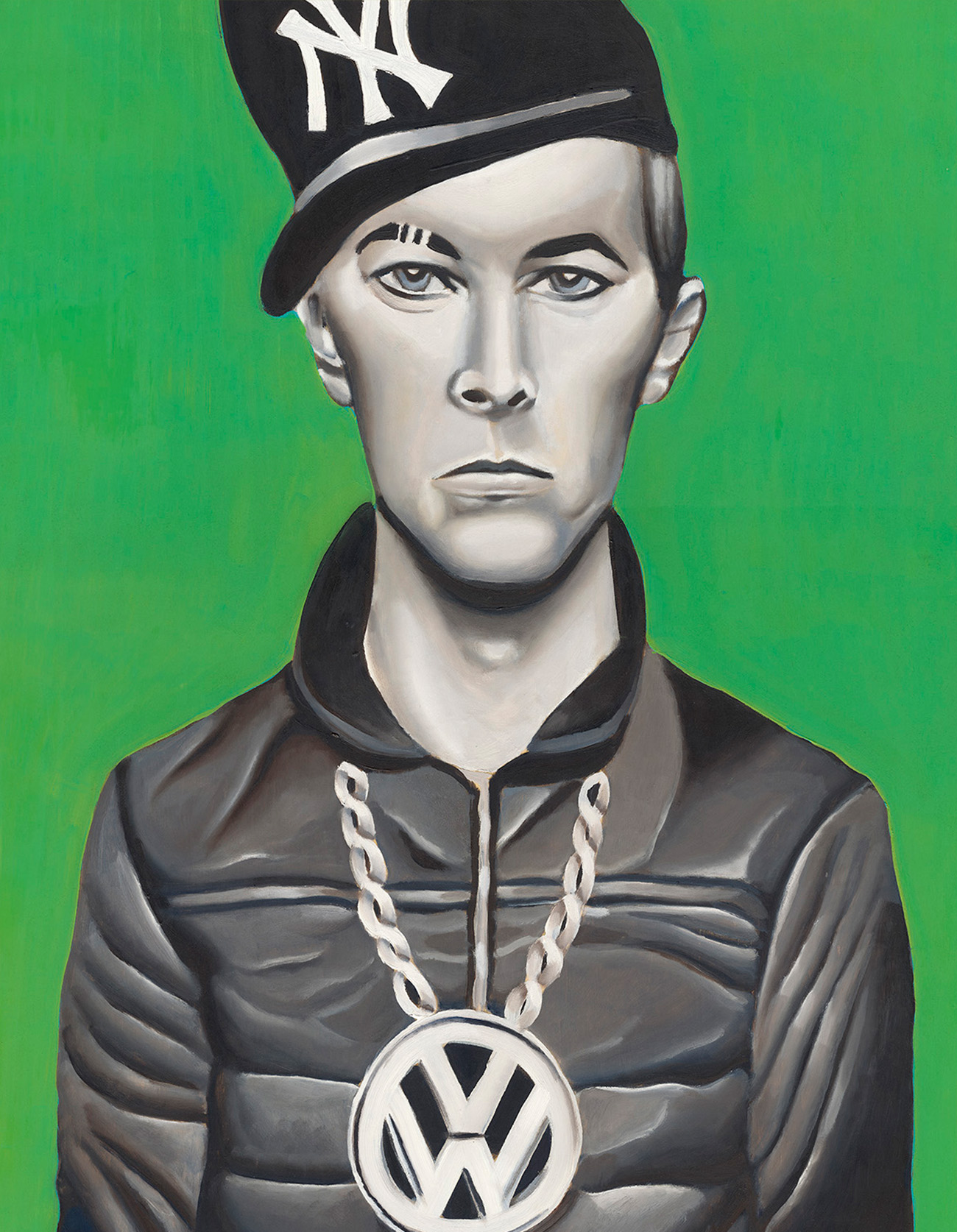 Stylized grayscale portrait of a person wearing a Yankees cap and a large VW pendant against a green background.